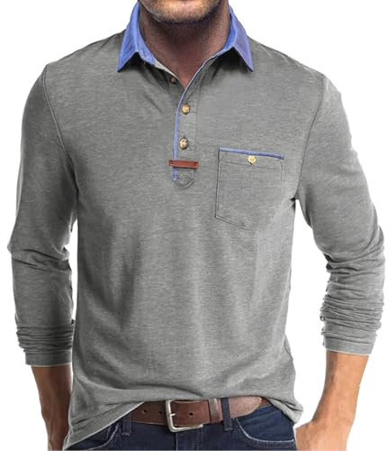 Volemo Mens Long Sleeve Polo Shirts Casual Smart Tops | Chest Pocket, Leather Patch, Contrast Collar, Soft Breathable, Regular Fit, Office Weekend Daily, Autumn Winter Layering