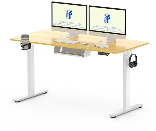 FLEXISPOT Scrivania Regolabile in Altezza 140×60 cm – con 2 Ganci, Portabicchieri e Gestione Cavi, 4 Memorie, Scrivania Ergonomica per Ufficio e Casa