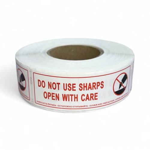 Do Not Use Sharps Open with Care Warning Label Stickers, Roll of 500, Size 76mm x 25mm, Do Not Use Knife to Open Stickers