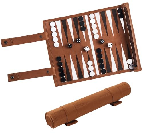 SGIOO - Backgammon - Jeu de voyage - 100 % cuir et microfibre - Roulable - Avec figurines d'échecs, dés et planche pour les voyages, le camping et les sorties (35,5 x 26 cm)
