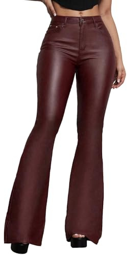 Lover Premium Women's Faux Leather Coated Flare Pants Mid Waist PU Skinny Black Leggings Bell Bottom Pants with Pockets (US, Alpha (Alpha), S, Regular, Burgundy)