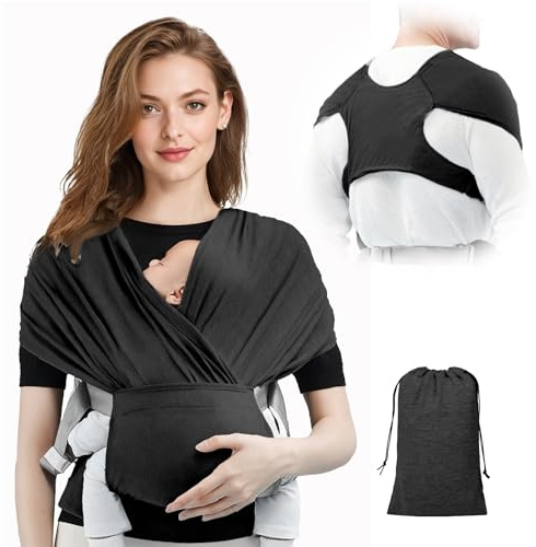 AOOWU Tragetuch Baby Neugeborene mit Schnalle, Freihändiges Babytragetuch im T-Shirt-Design, Einfach Anzuziehen, Babytrage Multi-Use bis 15 kg, Babywickel Träger (Dunkelgrau, Schnallenstil)