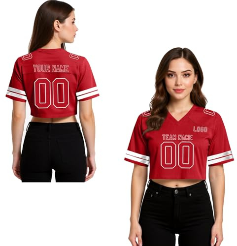 Women American Football Jersey Custom Crop Tops for Women Personalized Name Number Short Shirt Y2k Jersey Girls Streetwear Red