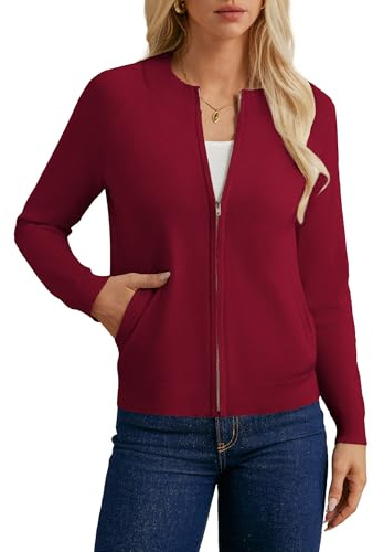 GRACE KARIN Women's Cardigan Zip Up Casual Knited Jacket Lightweight Sweater with Pockets Cherry Red