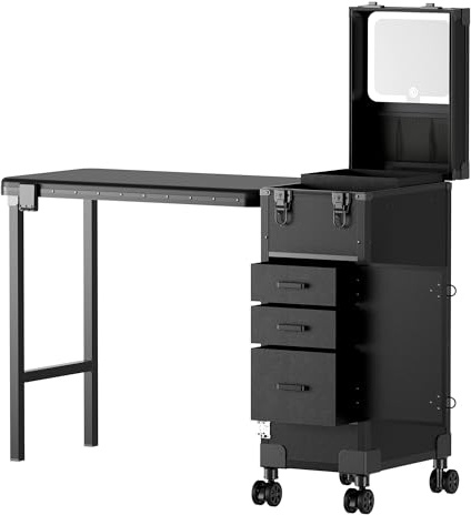 Joiemebi Tavolo da Manicure Portatile con Rotelle, 3 Cassetti, Specchio LED e Organizer, Trousse da Viaggio con Chiusura a Chiave per Postazione di Lavoro, Tecnico Delle Unghie, Nero