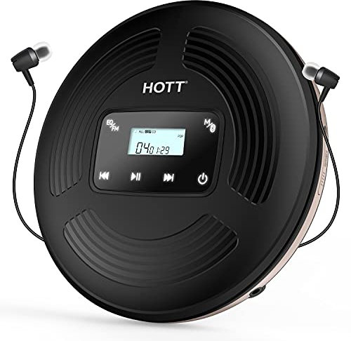 HOTT CD903TF CD Player tragbar wiederaufladbarer CD Player Bluetooth mit FM-Transmitter geeignet für Reise, Haus und Auto, mit Stereo-Headset und Stoßschutzfunktion (schwarz)