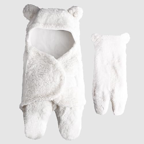 Abnaok Baby Schlafsack Neugeboren, Unisex Babyschlafsack mit Hut, Angedickt und Warm Pucksack Baby 0-6 Monate (Weiß)