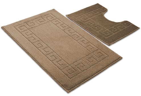 Ambience Products Greek Key Pattern Bath Mats 2 Piece Sets Non Slip Bathroom Mat, Soft Washable Rug Quick Dry Water Absorbent Bathroom Shower Mat & Pedestal Set (Mocha)