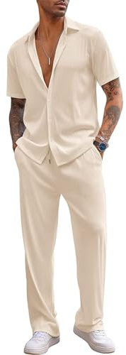 aromm Hombre 2 Piezas Trajes Casuales Manga Corta Camisa Abotonada & Drawstring Pantalón Suave Verano Traje Albaricoque, XXL