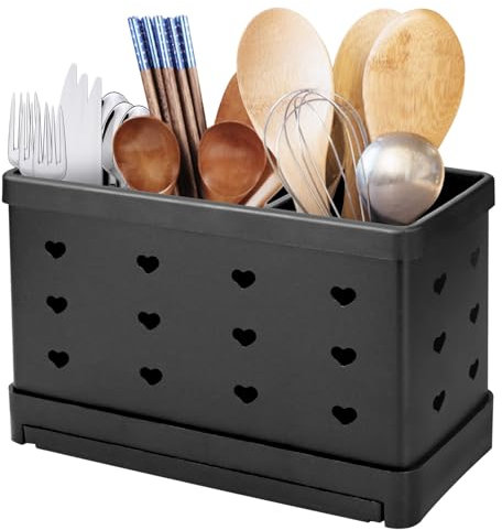 Cutlery Drainer, Stainless Steel Utensil Holder with 3 Compartments, Cutlery Holder, Countertop Cutlery Drying Holder, Kitchen Storage Utensils Organiser for Flatware, Forks, Knives, Spoons (Black)