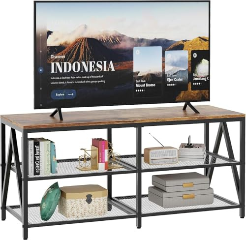 TV Cabinet, TV Stand, Lowboard for TVs up to 55 Inches, TV Cabinet with 3 Open Compartments, TV Shelf for Living Room, Bedroom, 110 x 40 x 50 cm, Industrial Design, Steel Frame, Brown