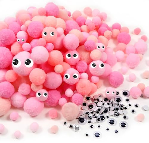 TOAOB 400 Pezzi Pompom Colorati per Lavoretti Series Rosa Piccoli Pompon Ponpon Palline Di Feltro 10 mm a 30 mm con Occhi Mobili per Decorazioni Festa Artigianato