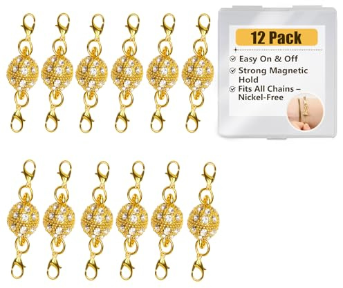 12Pcs Magnetic Necklace Clasps Labstor for Jewellery Making, Magnet Extender Clasps for Bracelet Necklaces Anklet Chain Fasteners Clasps for DIY Anniversary (Gold)