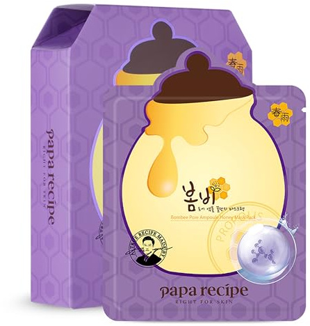 Papa Recipe Bombee Pore Honey Sheet Mask 10 Sheets – Sensitive Skin Friendly, Pore Clarifying & Excess Sebum Control for Smooth & Refined Look, Korean Skincare Face Mask for Dry & Dull Skin