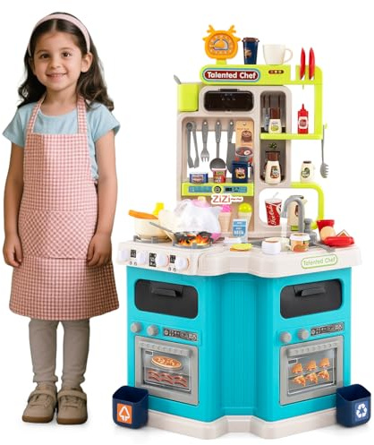 HOMASIS Cucina Giocattolo con Suoni e Luci, Gioco di Ruolo da Cucina con 75 PCS, Fornello con Acqua Vapore, Rubinetto con Acqua e Lavello, Cucinetta per Bambini da 3+ Anni (Blu)