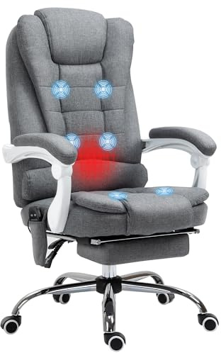 Vinsetto Sedia Ufficio Massaggiante 6 Punti Vibrante, Riscaldata e Poggiapiedi, Sedia Scrivania Imbottito Reclinabile in Tessuto Velluto e Lino Traspirante con Telecomando e Altezza Regolabile, Grigio