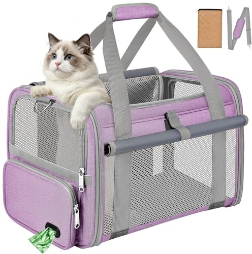 BTNEEU Transportin Gato Plegable Trasportines Perro Pequeño Aprobado por Aerolíneas Bolsa de Transporte Transpirable con Correa Interior, Cojín Suave Lavable y Correa de Hombro Ajustable (Morado)