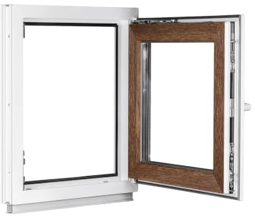Framex Ventana de Sótano Interior Blanco/Exterior Roble Dorado, Doble Acristalamiento, 60 x 70 cm DIN Izquierda, Ventana de PVC Oscilobatiente 600 x 700 mm, Ventana de Garaje.