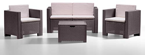 Bica Colorado - Salottino da giardino per 4 persone, Design rattan, Divano 2 posti + 2 Poltrone + Tavolino contenitore, Cuscini inclusi, Marrone