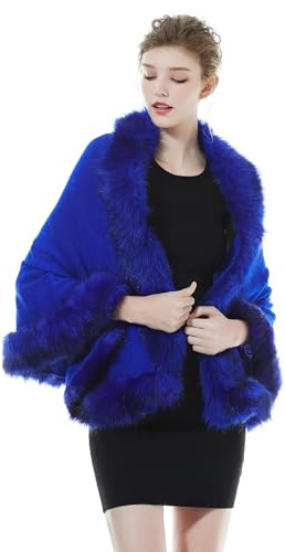 BEAUTELICATE Stola Pelliccia Sintetica Elegante Donna Poncho Mantella Maglia Scialle Cardigan per Cerimonia Matrimonio Invernale Sposa Festa,Blu Reale