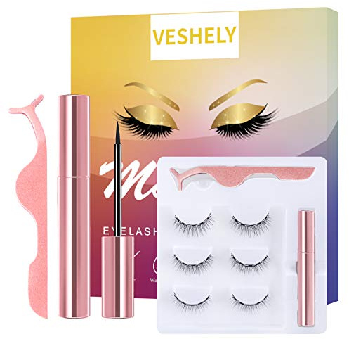 VESHELY Natural Magnetic Eyelashes with Eyeliner,3 Pairs Natural Look False Lashes Kit,3D Short Magnetic Eyelash Set - No Glue Needed