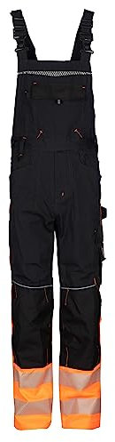 Prisma Arbeitslatzhose Herren mit Multifunktions- & Knietaschen, Stretchbund, Aufgesetzter Handytasche, Doppelte Zollstocktasche, Arbeitshosen Männer, Latzhose Herren Arbeitshose Schwarz/Orange EU56