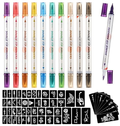HAWINK Temporary Tattoo Markers for Skin, 10 Body Markers + 56 Large Tattoo Stencils, Dual-End Tattoo Pens Make Bold and Fine Lines ZYH2208001KIT