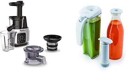 Moulinex Juice & Clean Extracteur de jus de fruits et de légumes, Jus vitaminés, Pressoir, 150 W, 42 à 83 tours/min, Jus de fruits frais, & Kit de conservation de jus sous vide