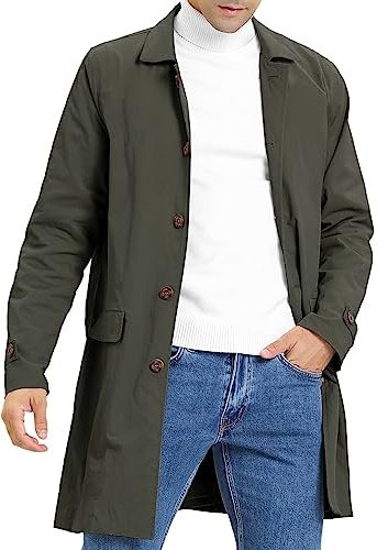Feziakuk Trench uomo monopetto lungo cappotto leggero risvolto autunno inverno giacca mezza stagione, verde militare, M