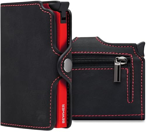 BEWMER Soporte para Tarjetas de crédito con 1 Cremallera blindada | Cartera Slim para Hombre y Mujer | Porta Tarjetas y Documentos con protección RFID y Clip de Dinero de Fibra de Carbono (Negro y