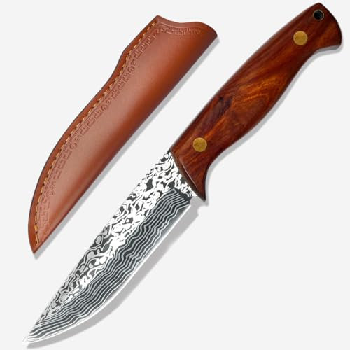 COOSNUG D2 Cuchillo de supervivencia afilado con exquisita funda de piel, cuchillo de supervivencia afilado con funda de piel, cuchillo para cinturón, mango de madera de alta calidad, para camping al