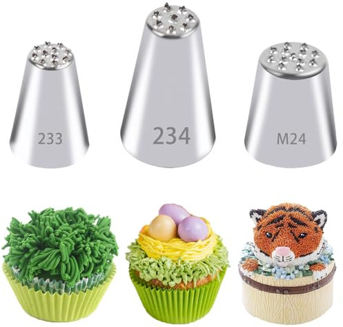DAJISI 3Pcs Grass Piping Nozzles, Stainless Steel Piping Tips Grass Shape Icing Nozzles Multi Opening Cake Piping Kit for Cupcakes Fondant Decoration DIY Baking (233 234 M24)