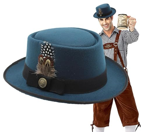 Tewzafiya Cappello da costume bavarese per Oktoberfest, melone nero, cappelli Oktoberfest da uomo, accessorio per costume da Oktoberfest con piume, emblemi multiuso per adulti per uomini e donne