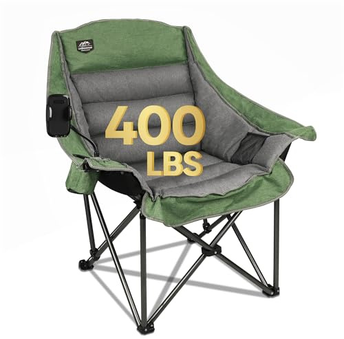 LANMOUNTAIN Oversized XL Folding Camping Chair, Heavy Duty 400Lbs, Comfortable Adult Chair, Lawn Armchair with Cup Holder, Phone Holder, Carry Bag, Perfect for Outdoor (Light Green)