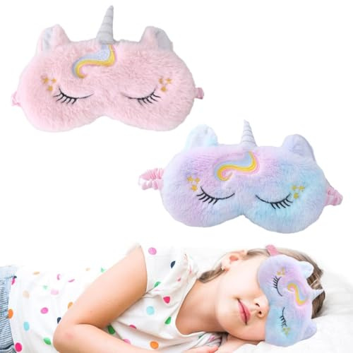 Paquete De 2 Mascarillas de sueño de felpa, linda 3D esponjosa máscara de unicornio para ojos, máscara de noche para niños para viajes de niños adultos