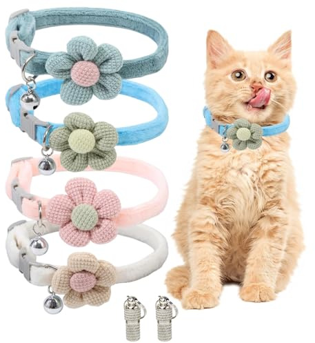 LONZIKP 4-Pack Colliers pour Chats avec Clochettes, 2 Étiquettes d'Identification, Colliers Réglables en Fleurs, Accessoires Mignon pour Chat (avec Fleurs)