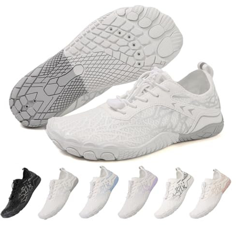 ZEPYFXIT Zapatos de Agua Mujer Hombre Secado Rápido Calzado Descalzos Ligeras Flexibles Barefoot Zapatillas de Deportes Transpirable Piscina Playa(Blanco Gris,38 EU)