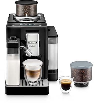 De'Longhi Rivelia Automatic Espresso Machine with Grinder & Milk Frother – All-in-One Coffee Maker, Hot & Iced Latte, Cappuccino, Bean Switch System, Burr Grinder, Compact Italian Design, Black