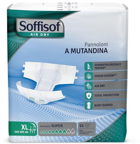Soffisof Air Dry Pannoloni con Adesivi Super XL - 15x Pannoloni per Anziani a Mutandina - Assorbenza fino a 8 Gocce - Ausili Incontinenza Uomo e Donna, Confezione Singola