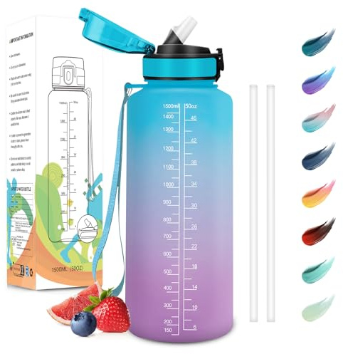 Motswedi Dryckesflaska Med Strå, 1500ml BPA-Fri, Sport Dryckesflaska, LäCkfri, Vattenflaska, Passar FöR Kolsyrat, Dryckesflaskor, Sport Dryckesflaska FöR Yoga, Skola, Utomhus, Cykling, Fritid, Blålila