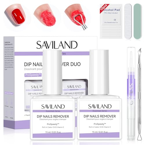SAVILAND Kit Dissolvant pour Ongles en Poudre Dip : 2 Flacons Pro, Retrait Doux et Rapide des Manucures Dip Powder, avec Huile Cuticule et Lime a Ongle, Plus Besoin de Tremper ni d’Envelopper