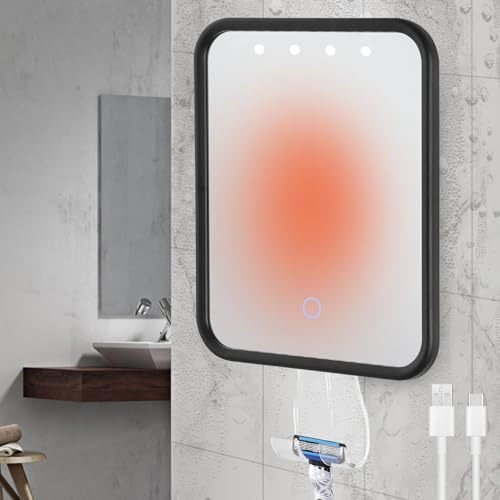 Zaxiva Espejo de Afeitado Espejo de Ducha Antivaho, Espejo de Afeitar para Baño con luz,batería Recargable y Brillo Ajustable,con Bandeja de Almacenamiento y Soporte para maquinilla de Afeitar