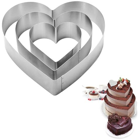 Jortmrd Set di 3 Coppapasta Cuore Acciaio Inox 10/15/20cm Anelli per Torte Mousse Dessert Pasticceria Stampo Torta Forma Cuore Professionale