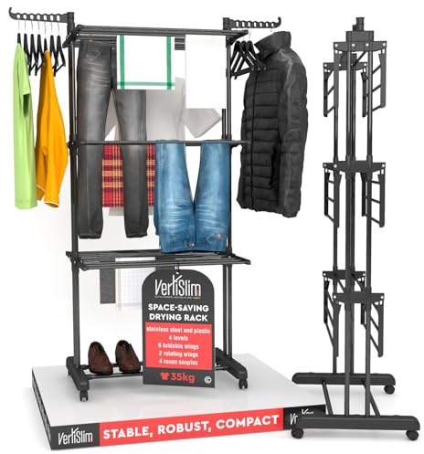 VertiSlim Dry Stendibiancheria Verticale 4 Livelli Stendino Salvaspazio - Stendipanni a Torre in Acciaio Inossidabile - Colore Nero per Interno Esterno Balcone - Richiudibile con Ali Laterali e Ruote