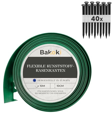 BAKOKI Borde flexible para césped (10 m, 40 anclajes de tierra, 10 cm de altura), color verde, plástico resistente a la intemperie, borde redondo para césped, borde de parterres, borde de corte