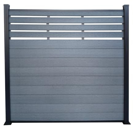 Floordirekt WPC - Recinzione frangivista Elba 180 x 180 cm, colore nero, 13 pannelli, spessore 21 mm, pali in alluminio 68 mm, resistente ai raggi UV e alle intemperie, moderna recinzione da