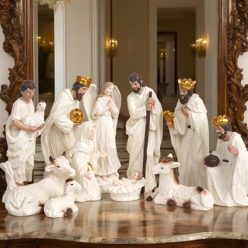 kinrguiyuez Ensemble de 11 Figurines de crèche de Noël en résine, Petite Figurine de crèche de Noël, scène de nativité Miniature, crèche de la Sainte, Figurines de Table pour décoration