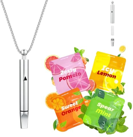 Andningsbar inhalator för att ersätta dålig vana med 12 st påfyllningsbara kärnor i 4 smaker, vanestöd uppfriskande halsband för stresslindring, rökfri vana stöd fidgethalsband för vuxna (silver)