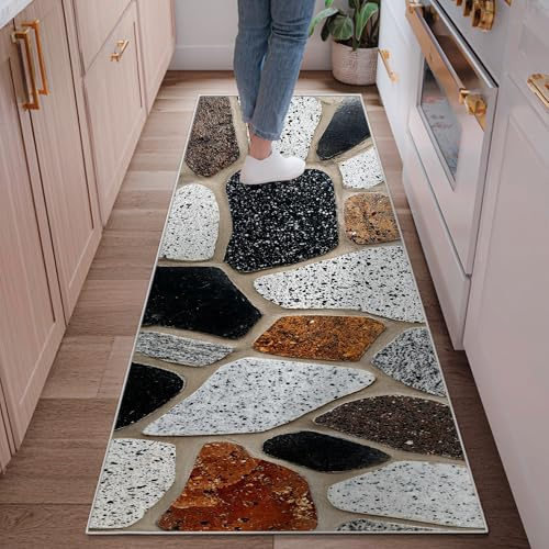 Pebbles Runner Rug, Natural Rustic Stones Gravel None Brown Low Pile Home Indoor Pattern Carpets Non Shedding for Kitchen Hallway Laundry Room Entryway Decor 2x6 Ft