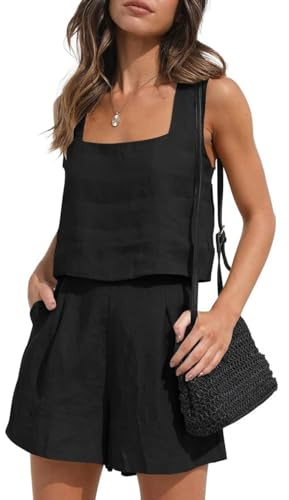 KOEMCY Completo Lino Donna 2 Pezzi Senza Maniche Collo Quadrato Canotta Lino e Vita Alta Pantaloncini Elegante Tuta Casual Estiva Completi per Spiaggia Vacanza Nero(M)